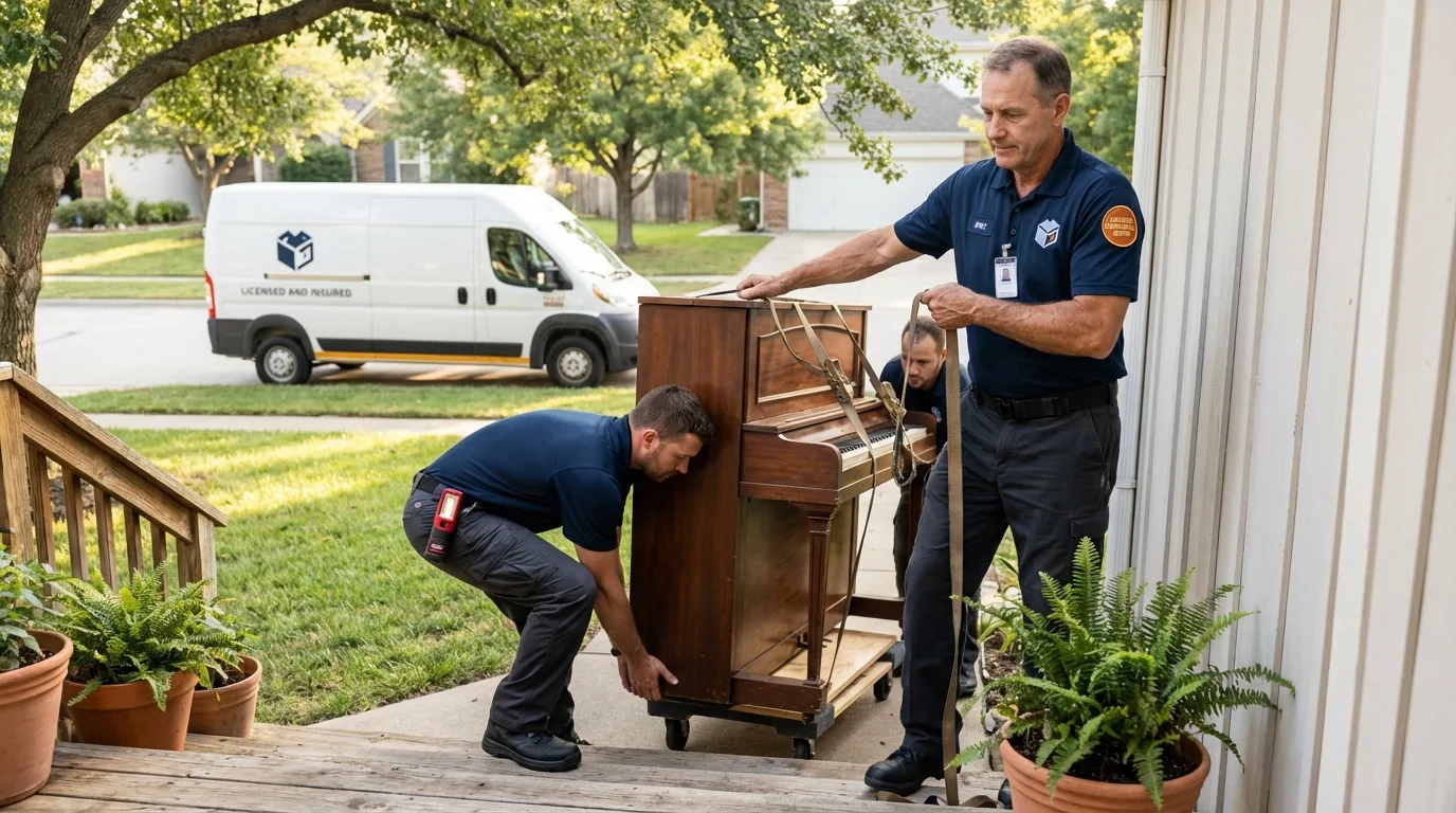 Licensed piano movers securing grand piano in Delta, CO