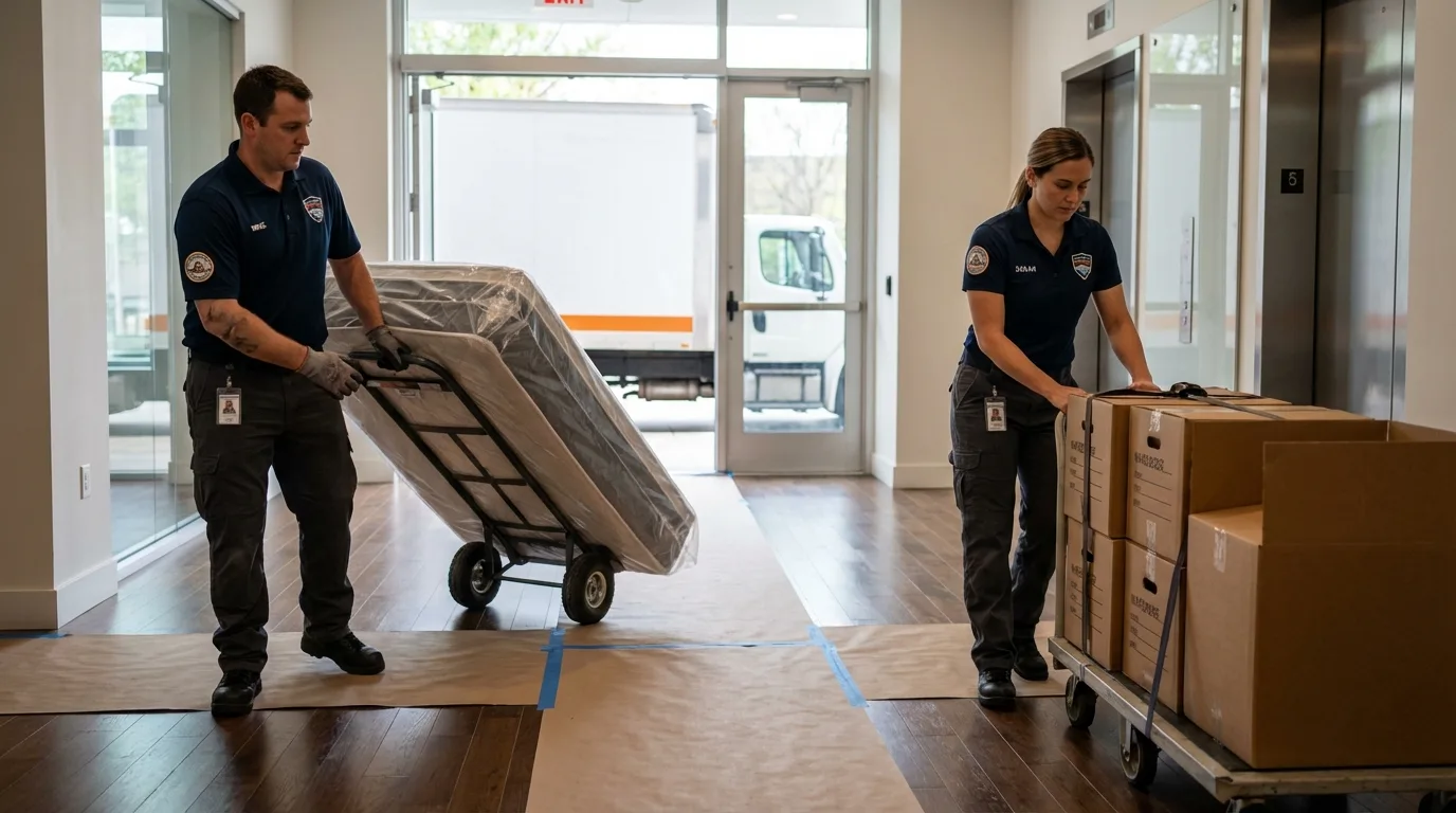 Professional apartment movers loading elevator in Delta, CO